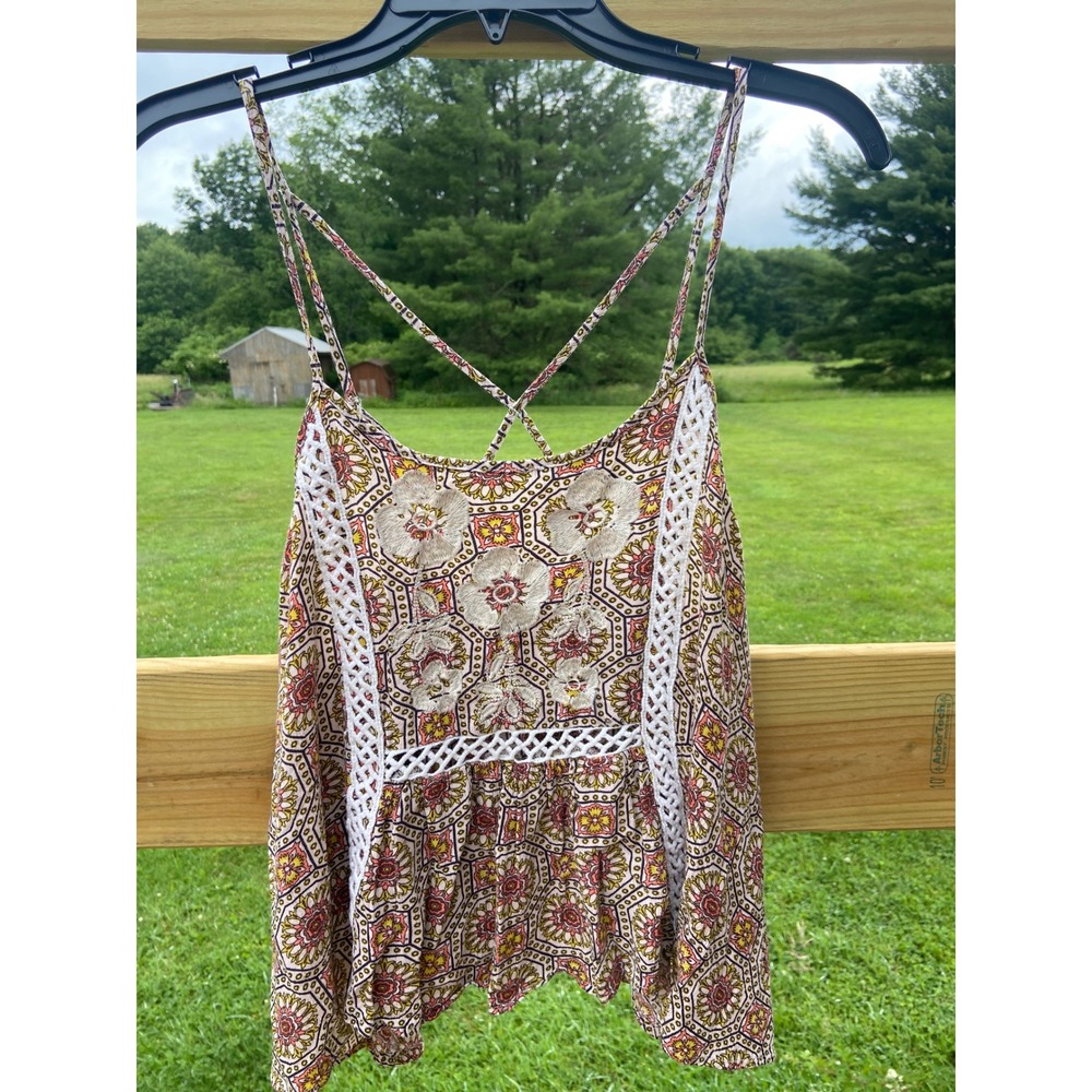 Altar'd State Boho Floral Embroidered Crochet Lace Cami Flowy Medium Pink Yellow